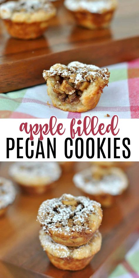 Bite sized Apple Pecan cups filled with apples, pecans and gooey caramelized glaze. Sprinkle with powdered sugar and enjoy this delicious fall treat! Pecan Cookie Cups, Pecan Cups, Butter Pecan Tarts, Cream Cheese Cookie, Pecan Cookie, Cookie Cups Recipe, Apple Desserts Easy, Apple Dishes, Apple Recipes Easy