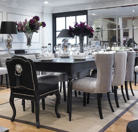 Extending Black Dining Table & 8 Chairs SPECIAL OFFER www.blackorchidinteriors.co.uk £2770 Mint Dining Room, Black Dining Room Table, Gold Dining Room, Black Dining Table, White Kitchen Table, Grey Dining Room, Kitchen Table Chairs, Black Dining, Chair Ideas