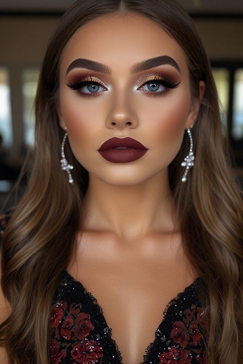 Burgundy Makeup Look, Glam Bride Makeup, Brown Makeup Looks, Burgundy Makeup, Fall Wedding Makeup, Wedding Hairstyles And Makeup, Party Makeup Looks, Glam Wedding Makeup, Wedding Makeup For Brown Eyes