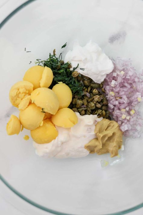 A deliciously simple recipe for perfect egg salad featuring capers and dill. Dill Egg Salad, Egg Salad With Dill, Creamy Egg Salad, Egg Salad Recipe Easy, Salad With Dill, Sandwich Fillers, Mustard Pickles, Creamy Eggs, Perfect Eggs