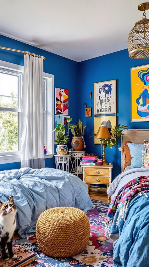 Blue Boho Girls Bedroom Eclectic Blue Bedroom, Cobalt Blue Walls, Bright Blue Room, Bright Blue Bedroom, Boho Girls Bedroom Ideas, Bright Blue Bedrooms, Cobalt Blue Bedrooms, Blue Boho Decor, Bright Bedroom Decor