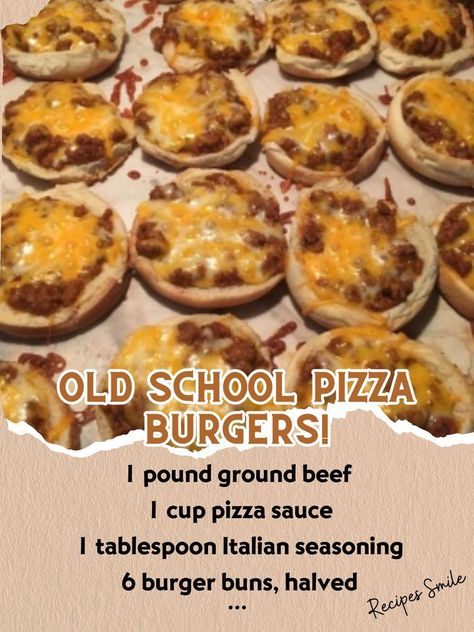 Recipes Smile - Old school pizza burgers! Elementary school in Ohio about 1978 / 1979, these were a very good lunch day. Ingredients: 1 pound ground beef 1 cup pizza sauce 1 tablespoon Italian seasoning 6 burger buns, halved 1 1/2 cups shredded sharp cheddar cheese Instructions: Preheat the Oven: Preheat your oven to 350 degrees Fahrenheit (175 degrees Celsius). Cook and Drain the Ground Beef: In a skillet over medium-high heat, crumble and cook the ground beef until browned. Drain any excess fat. Season and Sauce: Add the Italian seasoning to the cooked ground beef and stir well. Pour in the pizza sauce, stirring to combine. Allow the mixture to simmer for a few minutes until it thickens slightly. Prepare the Burger Buns: Place the burger bun halves on a baking sheet, cut side up. Pizza Burgers Recipe, Old School Pizza, School Pizza, Food Change, Pizza Burgers, Hamburger Recipes, Hamburger Buns, Man Food, Bun Recipe