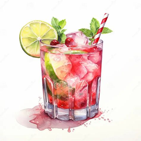 Cocktail Drawing Illustration, Watercolor Cocktail Art, Cocktail Art Illustration, Cranberry Illustration, Watercolour Cocktails, Food Watercolor Illustration, Drinks Watercolor, Olive Illustration, Cocktail Drawing