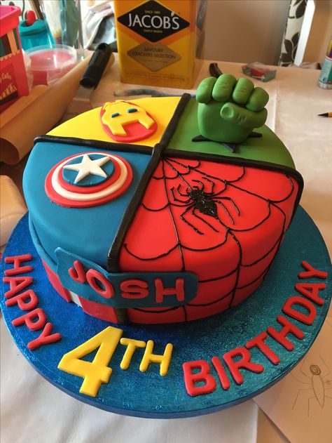 Avengers Cake - Victoria sponge with jam & buttercream. Iced in fondant Avengers Birthday Cake Boys, Marvel Buttercream Cake, Avengers Bday Cake, Marvel Themed Cake, Avengers Birthday Cake Buttercream, Super Hero Cakes For Boys, Avenger Cakes For Boys, Marvel Cakes For Boys, Avenger Theme Cake