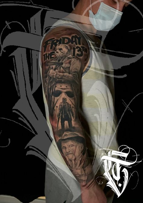 Jason Voorhees Hand Tattoo, Horror Arm Sleeve Tattoo, Jason Tattoo Design, Freddy Vs Jason Tattoo, Jason Tattoo Friday The 13th, Jason Vorhees Tattoo, Friday 13th Tattoo, Jason Tattoo, Arm Tattoos For Guys Forearm