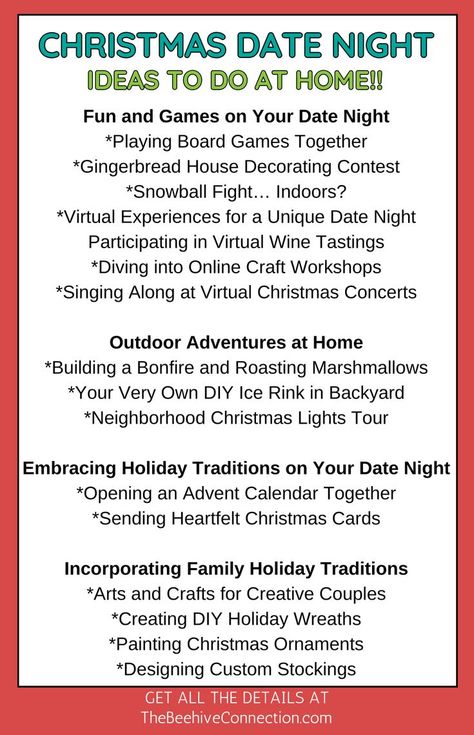 Christmas Date Night Ideas Cute Indoor Date Ideas, Indoor Date Ideas, Christmas Date Night, Date Night Ideas At Home, Christmas Light Tour, Holiday Traditions Family, Christmas Date, Fun Indoor Activities, Gingerbread House Decorations