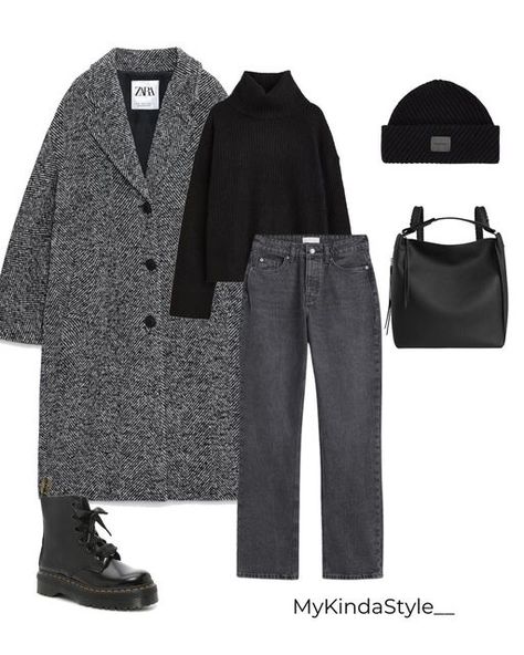 Spring Outfits Coat, Dark Grey Jumper Outfit, Black White And Grey Outfits, Grey Coat Outfits For Women, Grey Outfits For Women, Dress And Coat Outfit, Grey Coat Outfit Winter, Black And Grey Outfit, Grey Coat Outfit