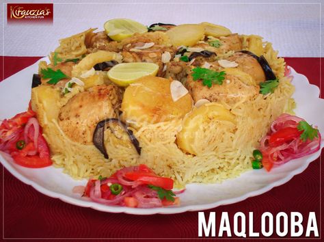 Maqlooba (Upside - down Rice) - Fauzia’s Kitchen Fun Cauliflower Fry, Lemon Potatoes, Deep Fry, Kitchen Fun, Cup Of Rice, Chicken Potatoes, Sliced Potatoes, Basmati Rice, Chopped Onions