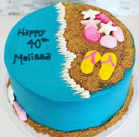 Beach Cake Ideas, Flip Flop Cake Ideas, Sand Birthday Cake, Easy Beach Cake Decorating Ideas, Easy Beach Birthday Cake, Beach Theme Cookie Cake, Beach Birthday Cake, Beach Theme Birthday, Sand Cake