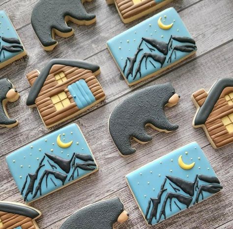 Bear Cookies Decorated, Camping Cookies Royal Icing, Grizzly Bear Cookies, Mountain Cookies Royal Icing, Mountain Cookies Decorated, Woodsy Cookies Decorated, Snowy Mountain Cookies, Bear Cookies, Sugar Cookie Designs