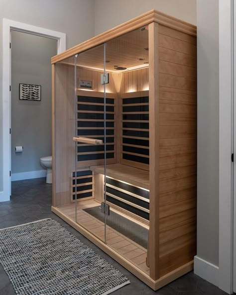 Elevate your bathroom into a stress-free oasis with an IR sauna. Then immerse yourself in the rejuvenating power of infrared heat. ✨ • Design: @SpringhouseArchitects • 📸: @kellyannphotos #SpringhouseArch #IndoorSauna #Sauna #HomeSauna #CustomHome #CustomBathroom #IRSauna #InfraredSauna #Finnleo #FinnleoSauna #BathroomSauna #FarInfraredSauna Infrared Sauna Room In House, Infrared Sauna At Home, Bathroom With Sauna Layout, Sauna Room In House, Sauna In Bathroom, Home Sauna Room, Infra Sauna, Studio Basement, Sauna Infrared