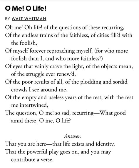 O Me O Life Walt Whitman, O Me O Life, The Poem, Walt Whitman, Poetry