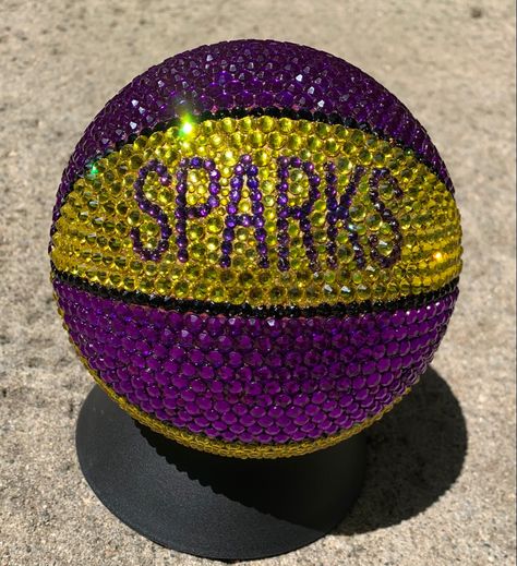 #minibasketball #losangelessparks #wnba #putpleandgold #lasparks #rhinestonebasketball Bedazzled Basketball, Basketball Senior Night, Basketball Ideas, Diy Rhinestone Crafts, Sparkle Ball, Glitter Ball, Mini Basketball, Secret Room, Rhinestone Crafts