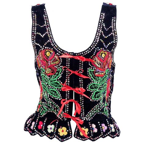 20th Century Polish Folkloric Velvet Hand Embroidered Embellished Lace-Up Vest | From a collection of rare vintage blouses at https://www.1stdibs.com/fashion/clothing/blouses/ Black Velvet Vest, Black Blouses, Polish Clothing, Corset Fashion Outfits, Floral Hand Embroidery, Conservative Outfits, Sequin Vest, Colorful Vest, Embroidered Vest