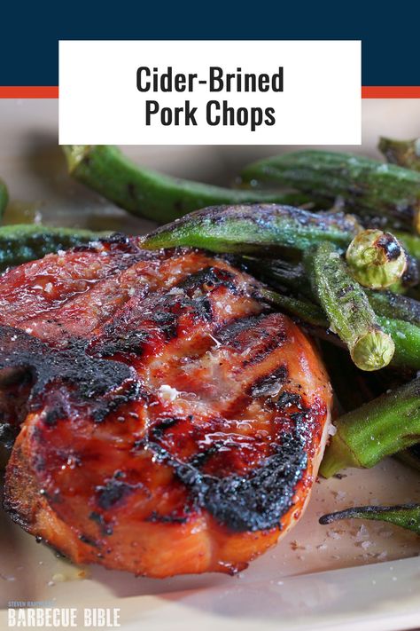 Cider-Brined Pork Chops - The combination of pork and apples is a marriage made in heaven. The apple cider brine gives pork a fruity flavor and also helps prevent the pork from drying out on the grill. #pork #porkchops #grilling #grilled #bbq #barbecue Cider Brined Pork Chops, Brine Pork Chops, Pork Brine Recipe, Brined Smoked Turkey, Apple Cider Brine, Pork Chop Brine Recipes, Pork Brine, Pork And Apples, Cider Pork Chops