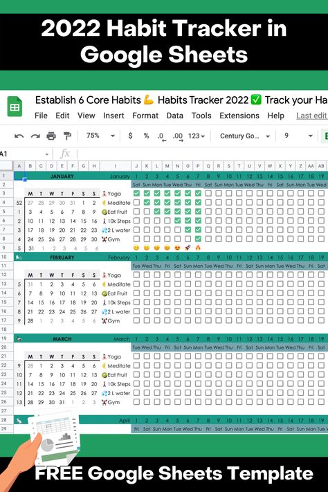 Title: "2022 Habit Tracker in Google Sheets". image is a screenshot of the template showing mini calendars, a column with habits, and lots of tickboxes for the trackign itself. Footer text: "Free Google Sheets template" Excel Spreadsheets Aesthetic, Tracking Sheets Printable, Habit Tracking Template, Excel Productivity Tracker, Google Sheets Planner Template, Habit Tracker Excel Template, Google Sheets Checklist, Free Google Sheets Templates, Habit Tracker Google Sheets