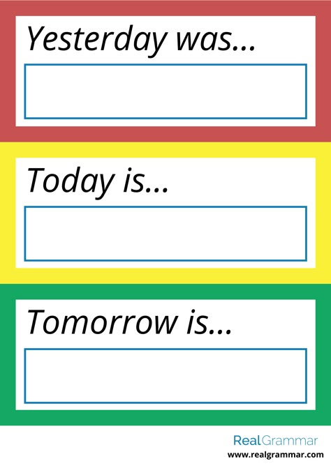 https://www.realgrammar.com/wp-content/uploads/2018/11/yesterday-today-tomorrow-1.gif Days In School Chart, Days Name Chart For Kids, Day 1, Who Is At School Today Chart, Today Yesterday Tomorrow Activities, Today Tomorrow Yesterday, Yesterday Today Tomorrow, Today Tomorrow Yesterday Worksheet, Time Games For Kids