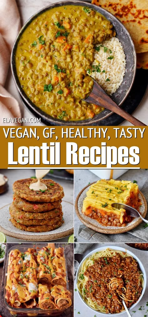 Collage vegan, GF, Healthy, Tasty Lentil Recipes Vegan Lentil Recipes Healthy, Vegan Lentil Dinner, Lentil Recipe Ideas, Tofu Lentil Recipe, Lentil Easy Recipe, Lentil Lunch Recipes, Lentil Plant Based Recipes, Green Lentil Recipes Vegan, Dishes With Lentils