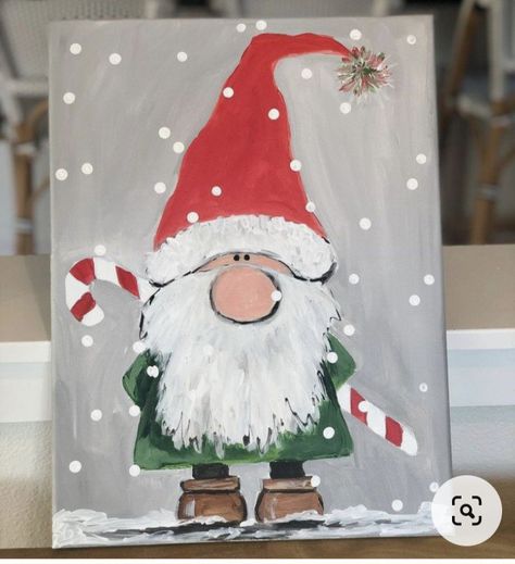 Gnome Winter Painting, Paintings For Grandparents, Gnome Acrylic Painting, Christmas Paintings Ideas, Winter Gnome Painting, Christmas Gnome Painting, Christmas Gnomes Painting, Easy Christmas Paintings, Christmas Canvas Paintings