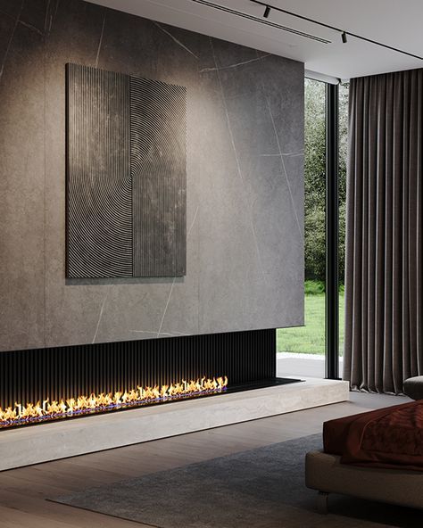 AWD21F-Master bedroom on Behance Modern Fireplace Ideas Living Rooms, Contemporary Fireplace Designs, Concrete Effect Paint, Bedroom Fireplace, Contemporary Fireplace, Marble Decor, Home Fireplace, Modern Fireplace, Fireplace Wall