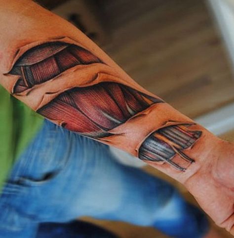 Muscles tattoo Skin Tear Tattoo, Ripped Skin Tattoo, Biomech Tattoo, Flesh Tattoo, Best 3d Tattoos, Tatoo 3d, Anatomy Tattoo, Amazing 3d Tattoos, Hyper Realistic Tattoo