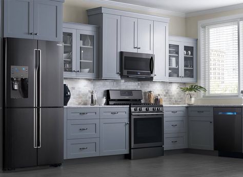 GE slate appliances- my appliances with grey cabinets Black Stainless Steel Appliances Kitchen, Portugal Kitchen, Farmhouse Chic Kitchen, Black Stainless Steel Appliances, Black Stainless Appliances, Black Stainless Steel Kitchen, Slate Appliances, Chic Kitchen Decor, Серая Кухня