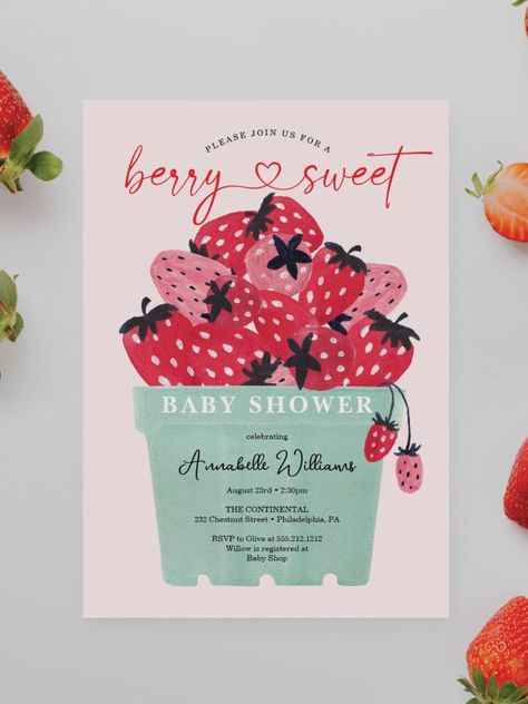 Berry Sweet Baby Shower Invitation Strawberry This berry sweet design features a basket of freshly picked watercolor strawberries in a berry basket. Along with a playful heart script font. Easily change the background color! #babyshower #babyshowersgifts #babyshowercards #babyshowerparty #newborn #berry #strawberry Berry First Birthday Party, Birthday Party Design, Strawberry Baby, Baby Printables, Summer Baby Shower, Summer Birthday Party, Invitation Baby Shower, 1st Birthday Invitations, Baby Shower Invites For Girl