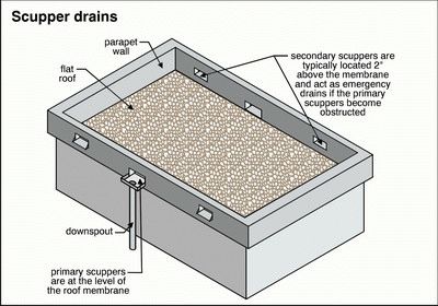 SCUPPER : an opening in a wall or parapet for the drainage of rainwater from a roof Flat Roof Shed, Flat Roof Design, Roofing Logo, Roof Drain, Flat Roof Extension, Membrane Roof, Roof Extension, Roof Construction, How To Gain