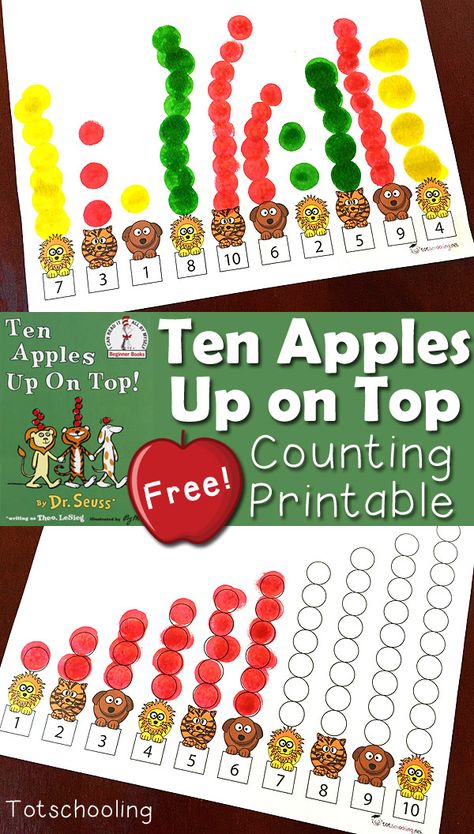 FREE printable book activity to go along with the classic Dr. Seuss book Ten Apples Up on Top. Perfect counting activity for toddlers and preschoolers for the Fall, Apple theme and Back to School season. Math Apple Activities, Ten Apples Up On Top, Apple Math, Activity For Toddlers, Counting Activity, Apple Activities, Seasons Activities, Free Preschool Printables, Counting Books