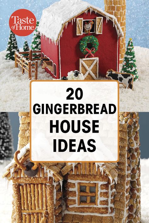 Beginner Gingerbread House Ideas, Pretzel Stick Gingerbread House, Gingerbread House Ideas With Graham, Dark Gingerbread House, Gingerbread House Beginner, Gingerbread House Farmhouse, Clever Gingerbread House Ideas, Gingerbread Houses Unique, Gingerbread House Patterns Free