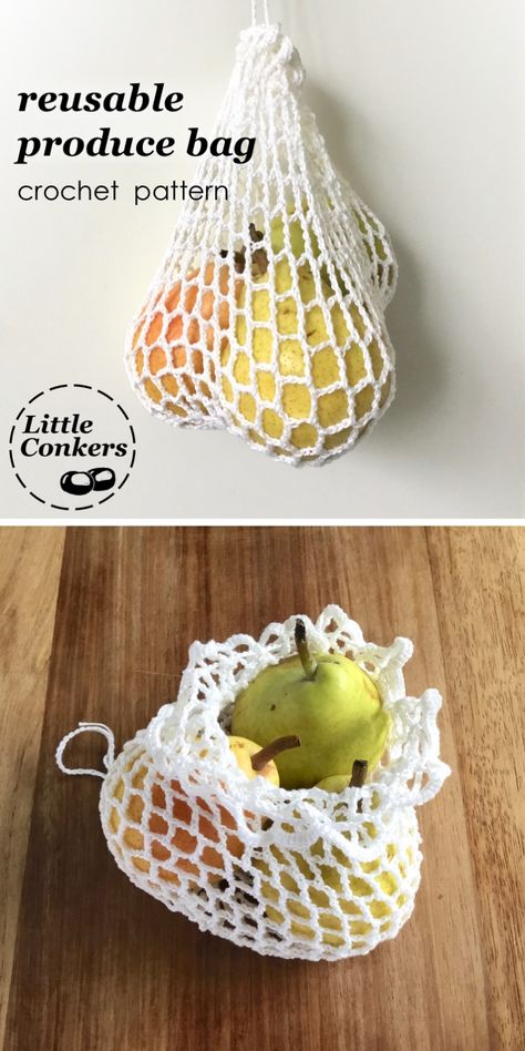 Crochet your own reusable produce bags to use instead of plastic. Easy beginner crochet mesh bag pattern. Super-simple crochet pattern that can easily be adjusted to make a bag the size you want.