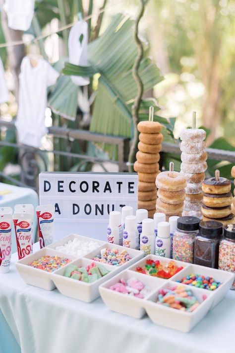 Boho Donut Birthday Party, Donut Table Centerpiece, Three Year Old Donut Party, Donut 4th Birthday Party Girl, Donut Birthday Party Food, Donut Brunch, Donut Station, Sweet One First Birthday, Koala Party