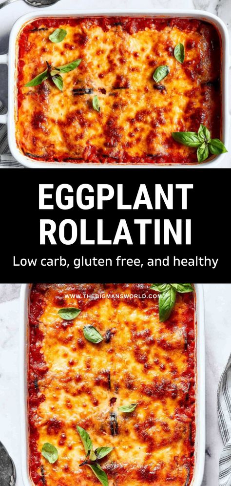 This baked eggplant rollatini is easy to make and deliciously comforting. You won’t be able to resist the ricotta and basil-stuffed eggplant rolls! Baked Eggplant Rollatini Recipe, Low Calorie Pasta Sauce, Baked Stuffed Eggplant, Stuffed Eggplant Rolls, Oven Baked Eggplant, Eggplant Rollatini Recipe, Easy Taco Salad Recipe, Meatless Meals Healthy, Eggplant Rolls