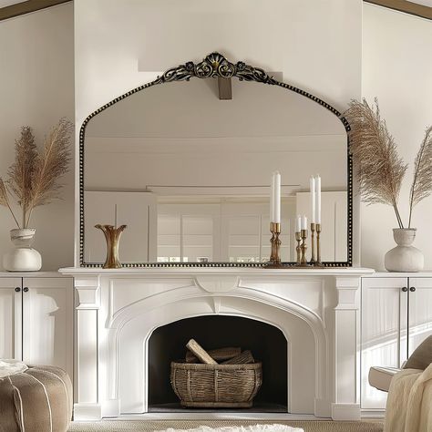 PRICES MAY VARY. Dimension - Antique Black Baroque Arched Mirror with frame 40"X31" Vintage Design - This stunning piece combines the vintage appeal of traditional design with an ornate baroque style, providing a timeless beauty that will seamlessly complement any décor. Barque Style- Its ornate design, antique black finish, and impeccable craftsmanship make it the perfect addition to any room. A statement piece that combines antique elegance with modern style. French country mirror will suitabl Antique Mirror Fireplace, Ornate Silver Mirror, Vintage Mirror Above Fireplace, Ornate Fireplace Mantle, Iron Mirror Frame, Mantle With Arched Mirror, Above Mantel Wall Decor, Craftsman Mantle Decor, Mantel No Fireplace