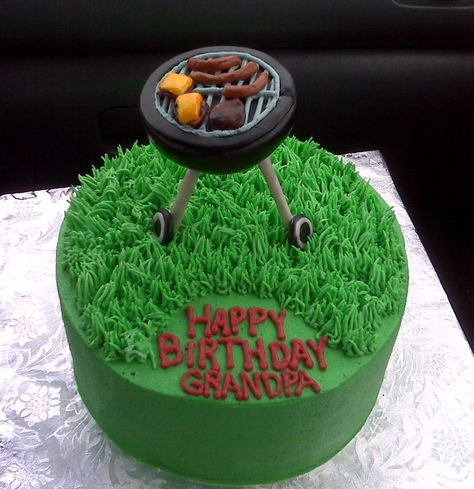 Weber Grill Cake. Buttercream cake and grass, with marshmallow fondant decorations prepared days in advance so they were hard enough. :) Bbq Cakes For Men, Grill Cake Ideas, Barbecue Cake, Bbq Cake, Caesar Pasta Salad, Caesar Pasta, Wooden Skewers, Dad Birthday Cakes, Scones Ingredients