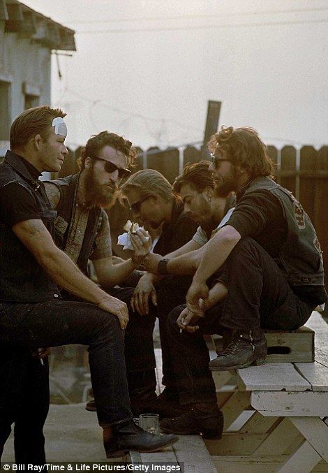 Members of motorcycle gang Hell's Angels (incl. one w. bandaged head) Hells Angles, Motorcycle Gang, Motorcycle Photography, Biker Aesthetic, Biker Clubs, Biker Gang, Biker Life, Motorcycle Clubs, Easy Rider