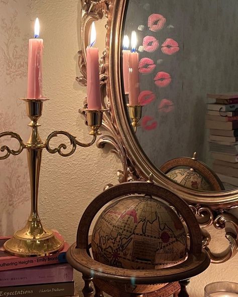 Pink Academia Aesthetic, Angel Mirror, Academia Aesthetic Room, Dark Academia Room Ideas, Maroon Aesthetic, Brown Books, Pink Academia, Pink Candle, Feminine Bedroom