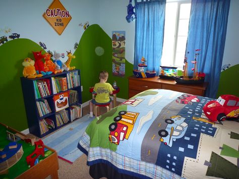 Vroom Vroom Transportation Room Transport Themed Bedroom, Transportation Theme Bedroom, Toddler Boys Bedroom Themes, Transportation Bedroom, Truck Bedroom, Boys Bedroom Ideas, Boys Bedroom Themes, Truck Room