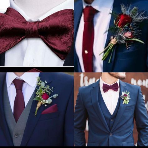 Navy Blue And Burgundy Tuxedo Wedding, Navy Blue Groomsmen Suits Burgundy, December Wedding Burgundy And Navy, Wine Red And Navy Blue Wedding Theme, Navy Suit Maroon Tie, Blue Suit Burgundy Tie Wedding, Chianti Wedding Color Scheme Groomsmen, Navy And Burgundy Boutonniere, Navy Blue And Burgundy Outfit