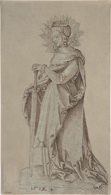 Hans Baldung (called Hans Baldung Grien) (German,  1484/85–1545), Saint Catherine Leaning on a Sword , ca. 1503, Pen and brown ink - The Met George Bataille, Hans Baldung Grien, Hans Bellmer, Hans Holbein The Younger, Saint Catherine, Master Drawing, Historical Painting, A3 Poster, The Cross Of Christ