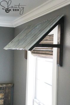 used indoors, but would also be neat outside / DIY-Corrugated-Metal-Awning Indoor Window Awning Diy, Diy Window Canopy, Indoor Window Awning, Corrugated Metal Awning, Indoor Awnings, Slider Windows, Sons Room, Diy Awning, Gray Room