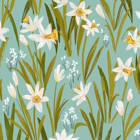 Sally Murphy Design on Instagram: “Day 12 prompt: Daffodils I wanted to make a pattern that felt like Spring was here!... but unfortunately it’s not. #21daysoffreshflowers…” Daffodils Illustration, Daffodil Illustration, Daffodil Art, Daffodil Pattern, Art Challenges, Portfolio Inspiration, January 12, Spring Is Here, Art Challenge