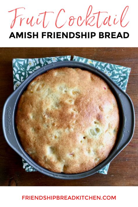 Sweet and airy, this Fruit Cocktail Amish Friendship Bread Cake recipe offers sweet southern comfort. Amish Breads, Amish Starter, Amish Bread Starter, Amish Dishes, Amish Bread Recipes, Amish Friendship Bread Starter Recipes, Friendship Cake, Fruit Cocktail Cake, Friendship Recipe