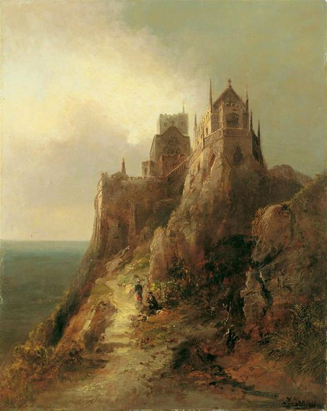 Castle Painting, Temple Ruins, Castle Art, Castle Designs, Sea Painting, Fantasy Setting, Great Paintings, A Castle, Medieval Castle