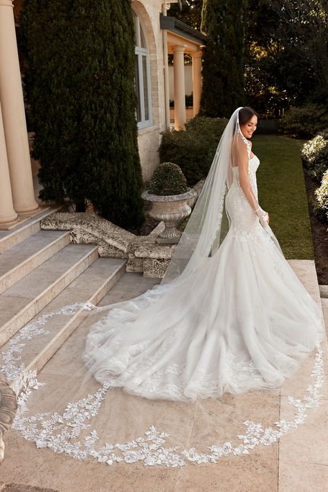 Sophia Tolli: Y3152 - Otylia Mermaid Wedding Dress With Cathedral Veil, Very Long Train Wedding Dress, Mermaid Wedding Dress With Long Train And Veil, Extra Long Veil Wedding, Lace Ballroom Wedding Dress, Long Dramatic Wedding Veil, Wedding Dresses Cathedral Train, Satin Wedding Dress Veil, Cathedral Wedding Dresses