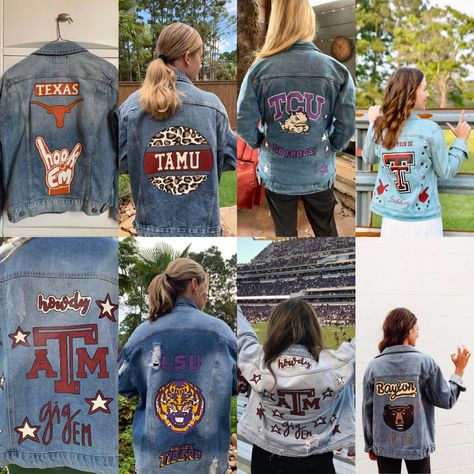 Painted Denim Jacket Sports, Painted Denim Jacket School Spirit, Jean Jacket Painted Football, Sports Jean Jacket Diy, College Jean Jacket Diy, College Denim Jacket, Senior Denim Jacket, Painted Jean Jacket School Spirit, Jean Jacket Outfits For Women