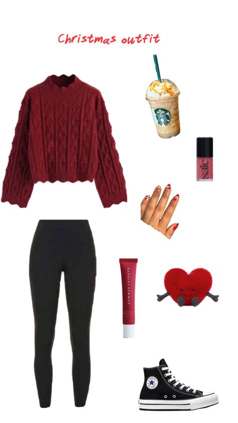 Red,Christmas,outfits Winter Christmas Outfits Casual, Cute Comfy Christmas Outfits, Christmas Outfit Inspo Aesthetic, Teen Christmas Outfits, Christmas Ootd Casual, Grunge Christmas Outfit, Christmas Season Outfits, Christmas Eve Outfits For Teens, Easy Christmas Outfits