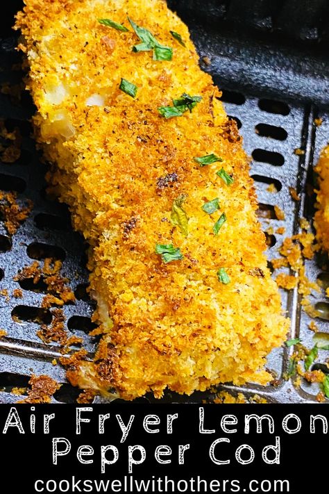 crispy air fryer fish Lemon Pepper Cod Air Fryer, Panko Cod Air Fryer, Cod Recipes Air Fryer, Lemon Pepper Cod, Air Fryer Cod Recipe, Cod Recipe, Air Fryer Fish, Pepper Recipes, Food Decorating