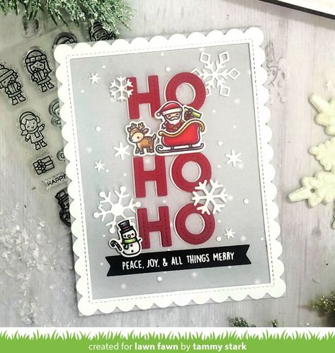 Christmas card with Santa, a reindeer, and snowman that says HO HO HO - peace, joy, and all things merry Holiday Friends, Winter Friends, Lawn Fawn Blog, Winter And Christmas, Lawn Fawn Stamps, Handmade Christmas Card, Lawn Fawn Cards, Set Ideas, Happy Winter