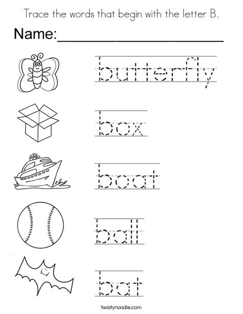 Trace the words that begin with the letter B Coloring Page - Twisty Noodle B Letter Words, B Tracing Worksheet, Trace Worksheet, Letter B Coloring Pages, Word Tracing, Letter B Worksheets, Handwriting Worksheets For Kids, Worksheet Preschool, Letter Worksheets For Preschool